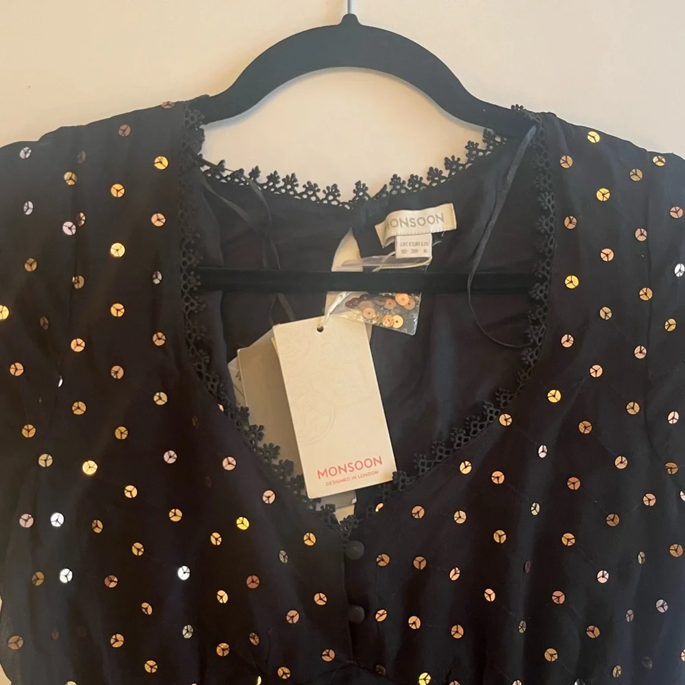 Monsoon Black Midi Dress with Gold sequin and lace detailing - Picture 3 of 9